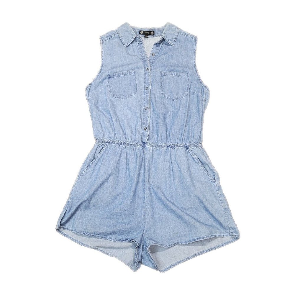 Iris Size M Chambray Denim Shorts Romper Jumpsuit Pockets Blue Snap Front Y2K